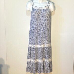 Pure Hype SZ S Blue & White gauzy bohemian print maxi dress crochet lace